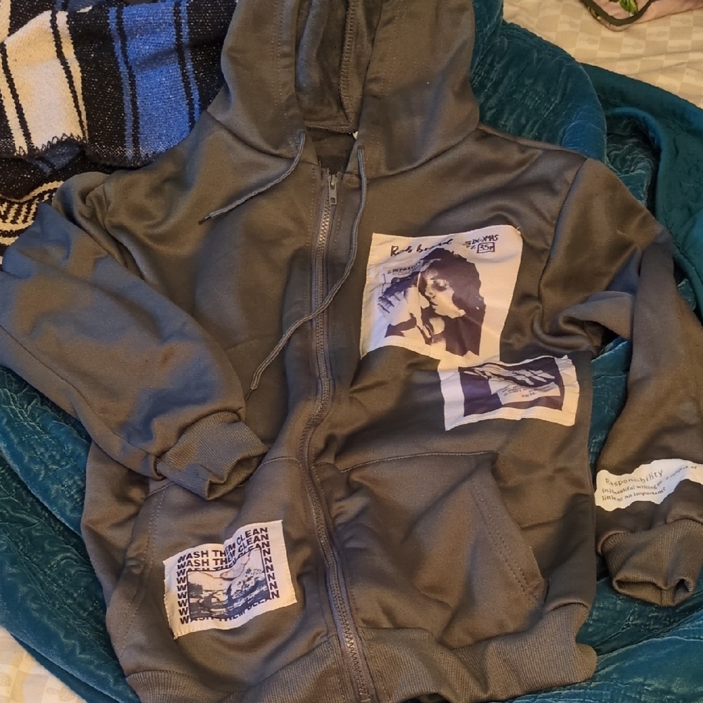 Gray Hoodie with Graphic Patches